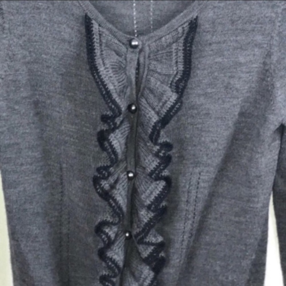Milly Size Small Grey Ruffle Merino Wool Full Button Cardigan - Picture 2 of 6